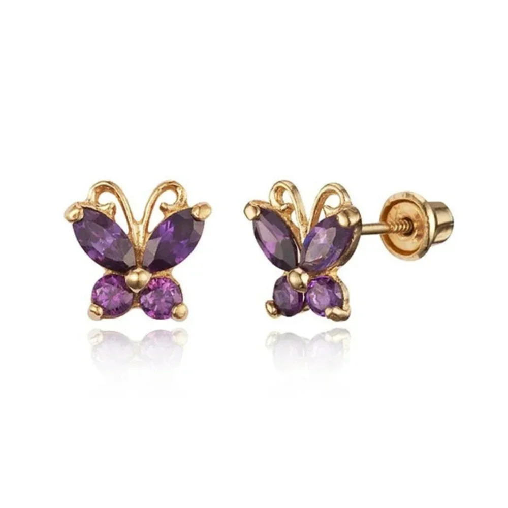 14k Yellow Gold Butterfly Earrings Purple CZ Children Screwback Baby Girls